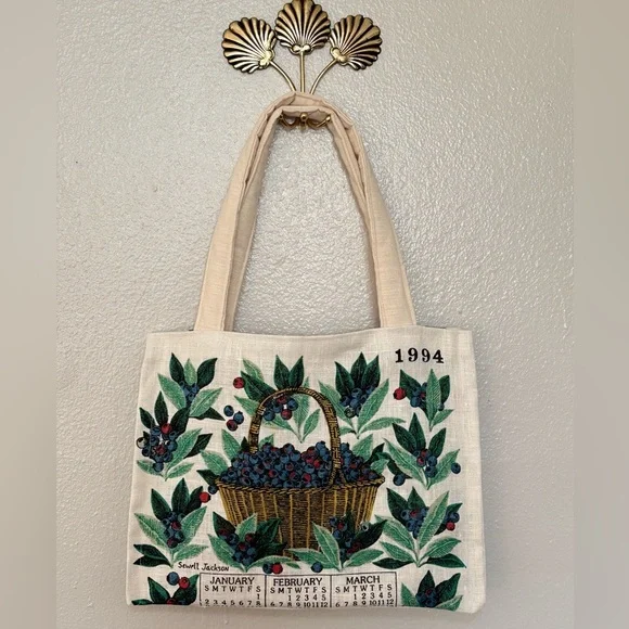 Hand Crafted Canvas Tote with Blueberry and Basket Design - Picture 2 of 6